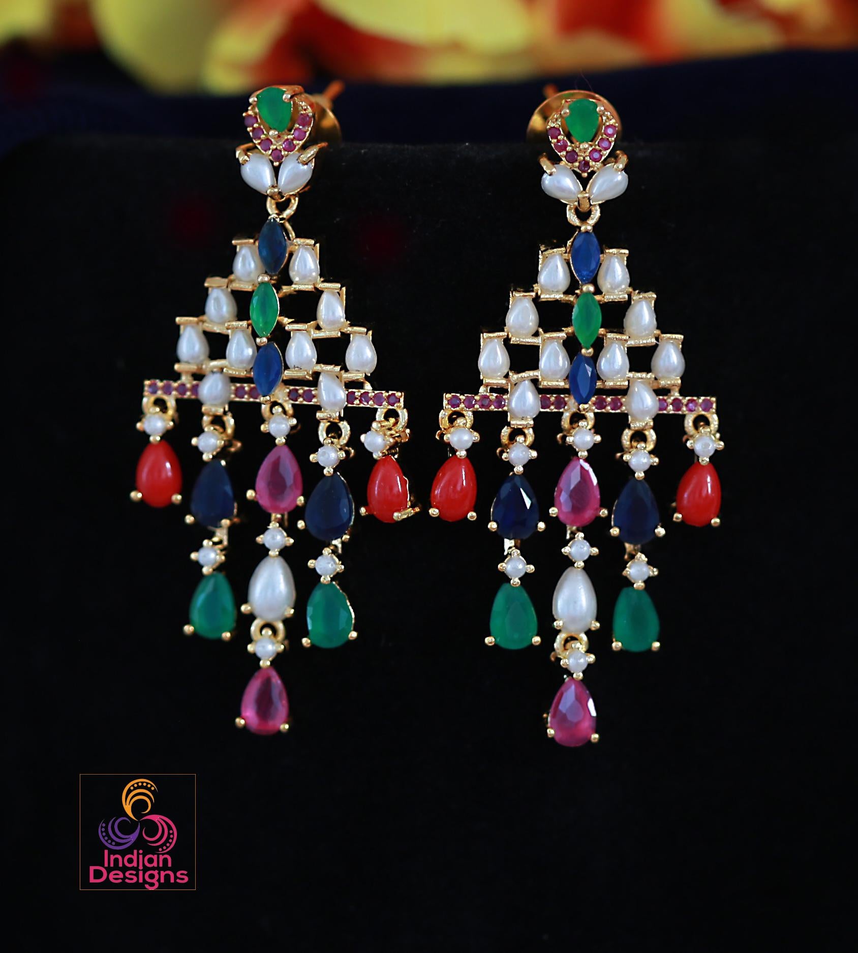 Pearl & Multi-color AD stone Party Wear Chandelier Earrings| Statement earrings set| Wedding party Earrings| Green, Pink and Pearl earrings