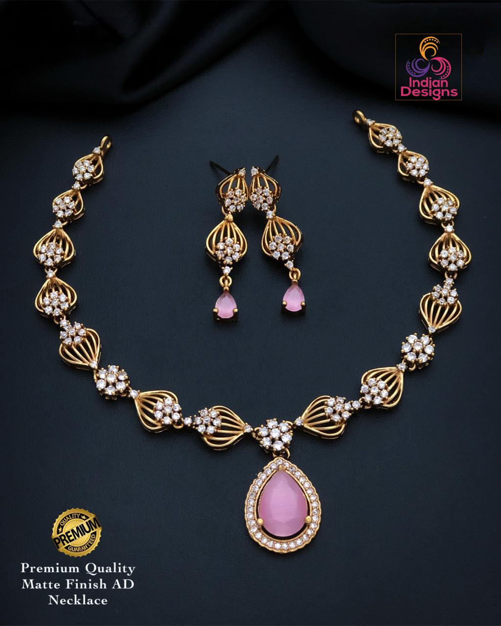 Matte finish AD Necklace Earrings Simple choker set| American Diamond Baby Pink Necklace| Traditional gold necklace designs|Gift for her