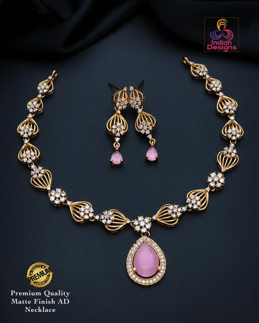 Matte finish AD Necklace Earrings Simple choker set| American Diamond Baby Pink Necklace| Traditional gold necklace designs|Gift for her