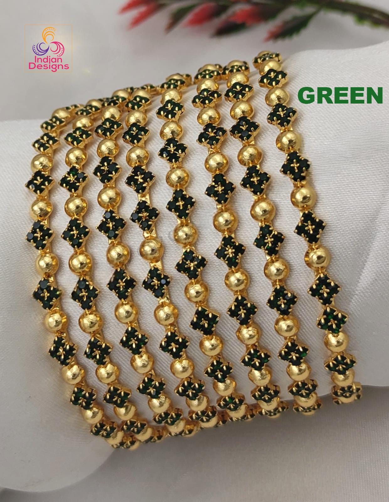 One gram gold Green stone Bangles set of 12| American Diamond Gold stone Crystal Wedding bangle set |Bollywood style Bangles| Gift for her