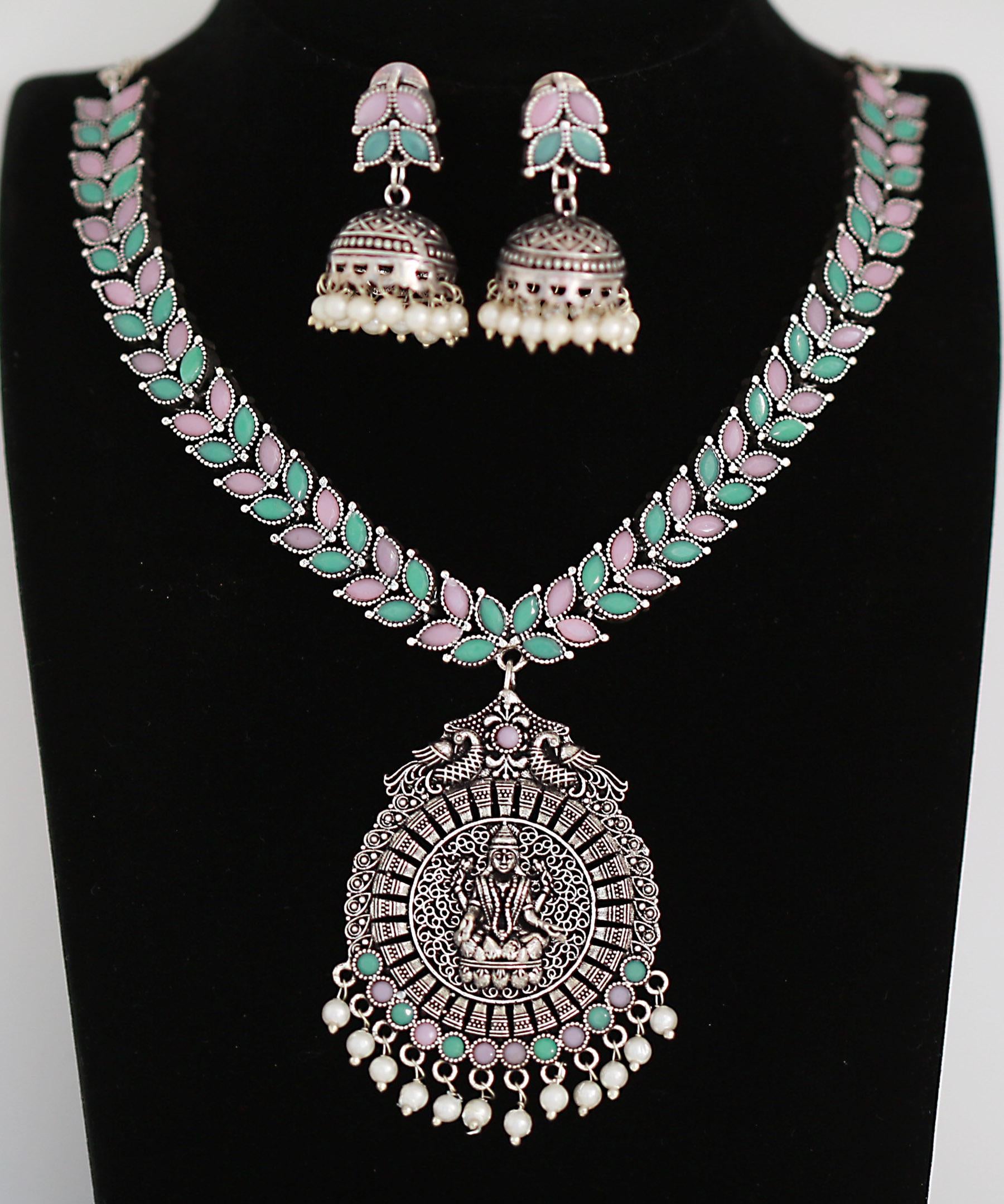 Sky Blue stones Oxidized Silver Necklace and Jhumka set with Lakshmi Pendant | Traditional German Silver oxidized Green stone necklace set