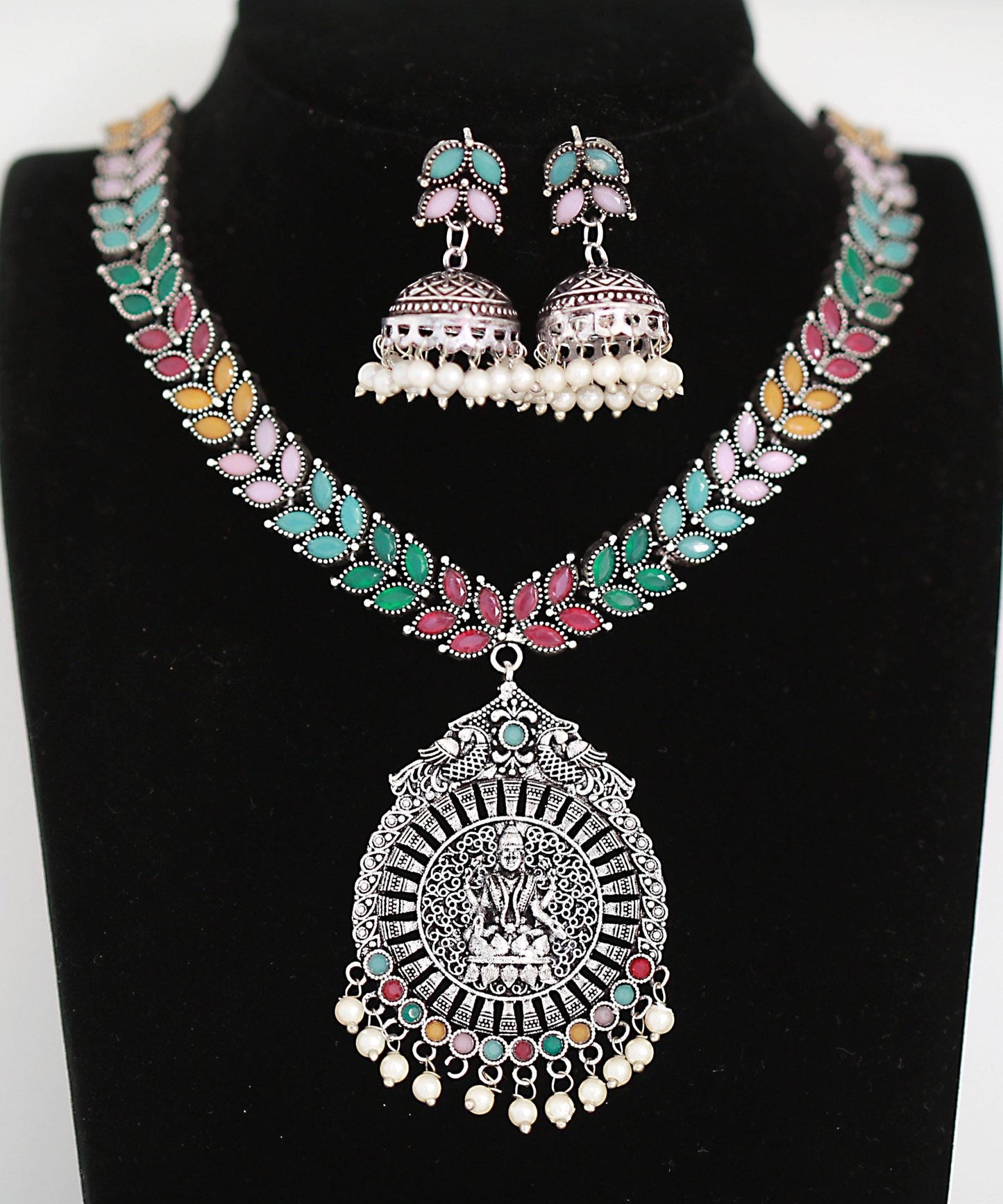 Sky Blue stones Oxidized Silver Necklace and Jhumka set with Lakshmi Pendant | Traditional German Silver oxidized Green stone necklace set