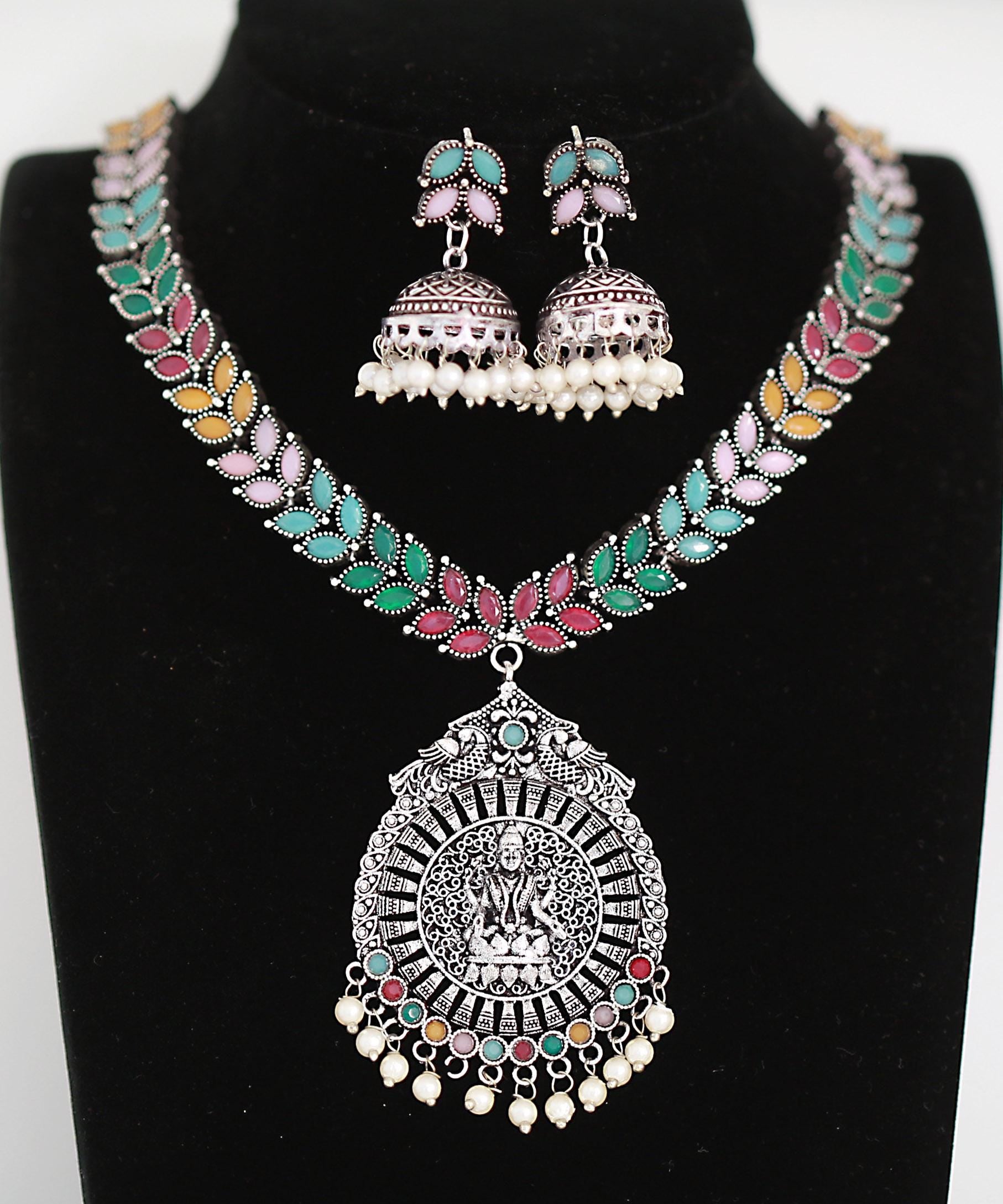 Sky Blue stones Oxidized Silver Necklace and Jhumka set with Lakshmi Pendant | Traditional German Silver oxidized Green stone necklace set