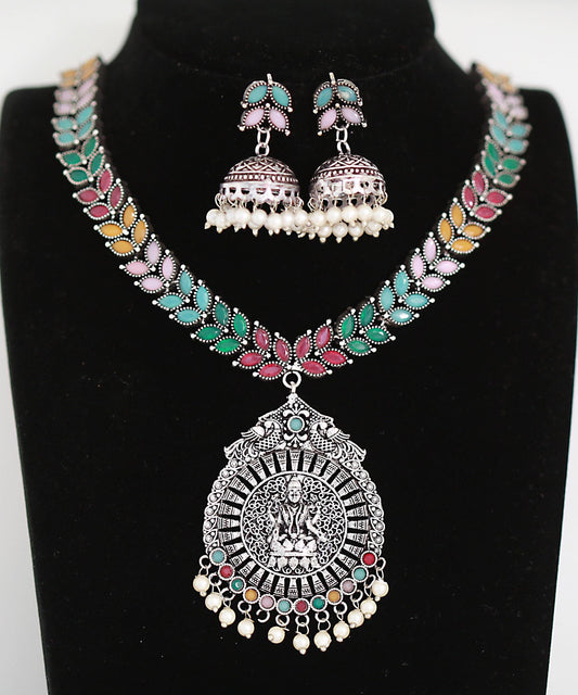 Sky Blue stones Oxidized Silver Necklace and Jhumka set with Lakshmi Pendant | Traditional German Silver oxidized Green stone necklace set