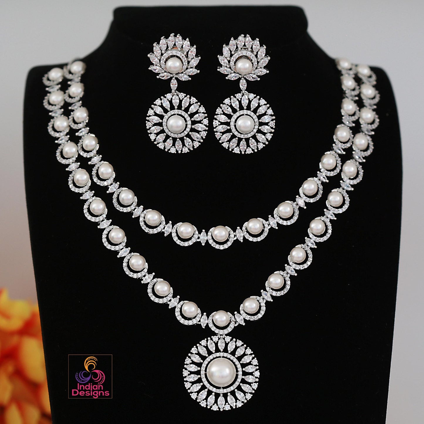 Double Layer Pearl Necklace Set| Bridal CZ Stone Jewelry| Kundan Pearl Necklace Earrings| Indian Wedding Jewelry Set| Gift for Her