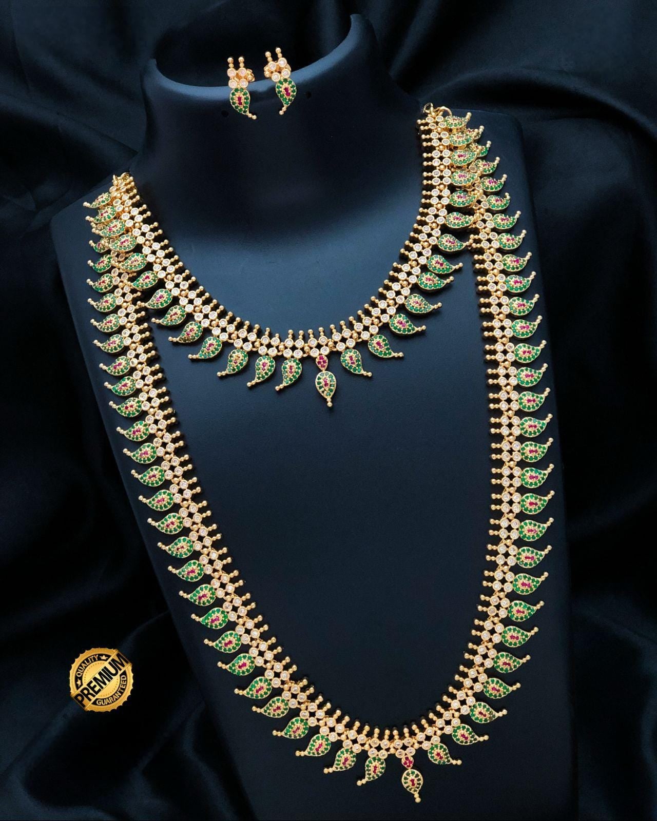 Bridal CZ Combo Necklace Set| South Indian Double Necklace with Earrings| American Diamond Gold Plated Temple Jewelry Set| Gift for Her