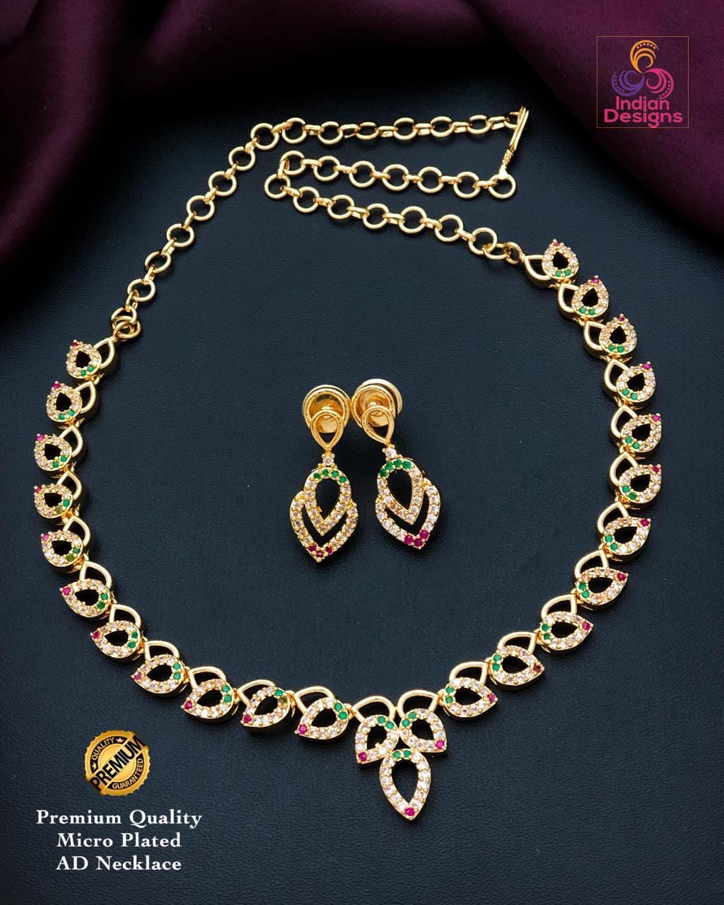 Elegant Gold Plated AD Necklace Set |CZ American Diamond choker Necklace |Indian Wedding Jewelry|Party Wear Necklace & Earrings|Gift for her