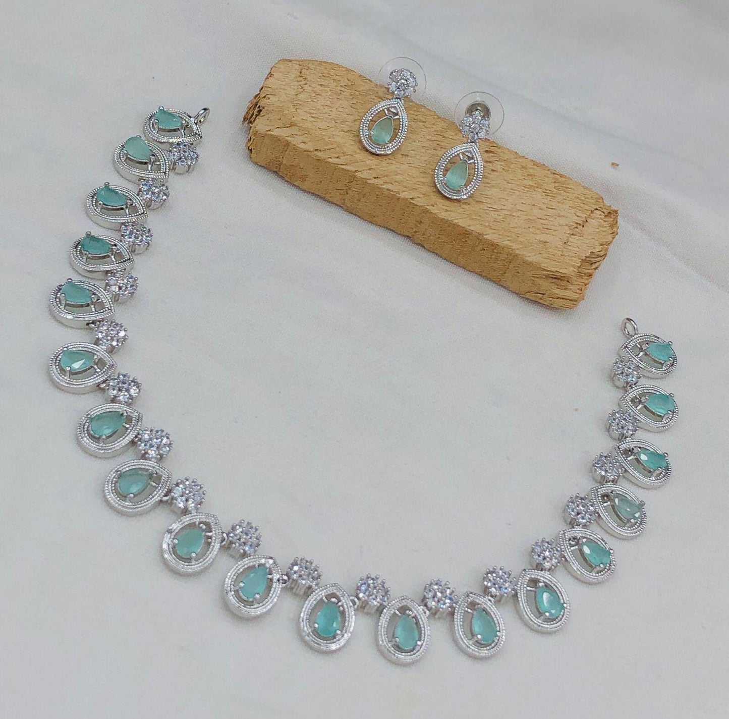 Teardrop AD Necklace Set| Silver Polish American Diamond Jewelry| CZ Stone Pendant Set & Earrings| Indian Party Wear Necklace| Gift for her