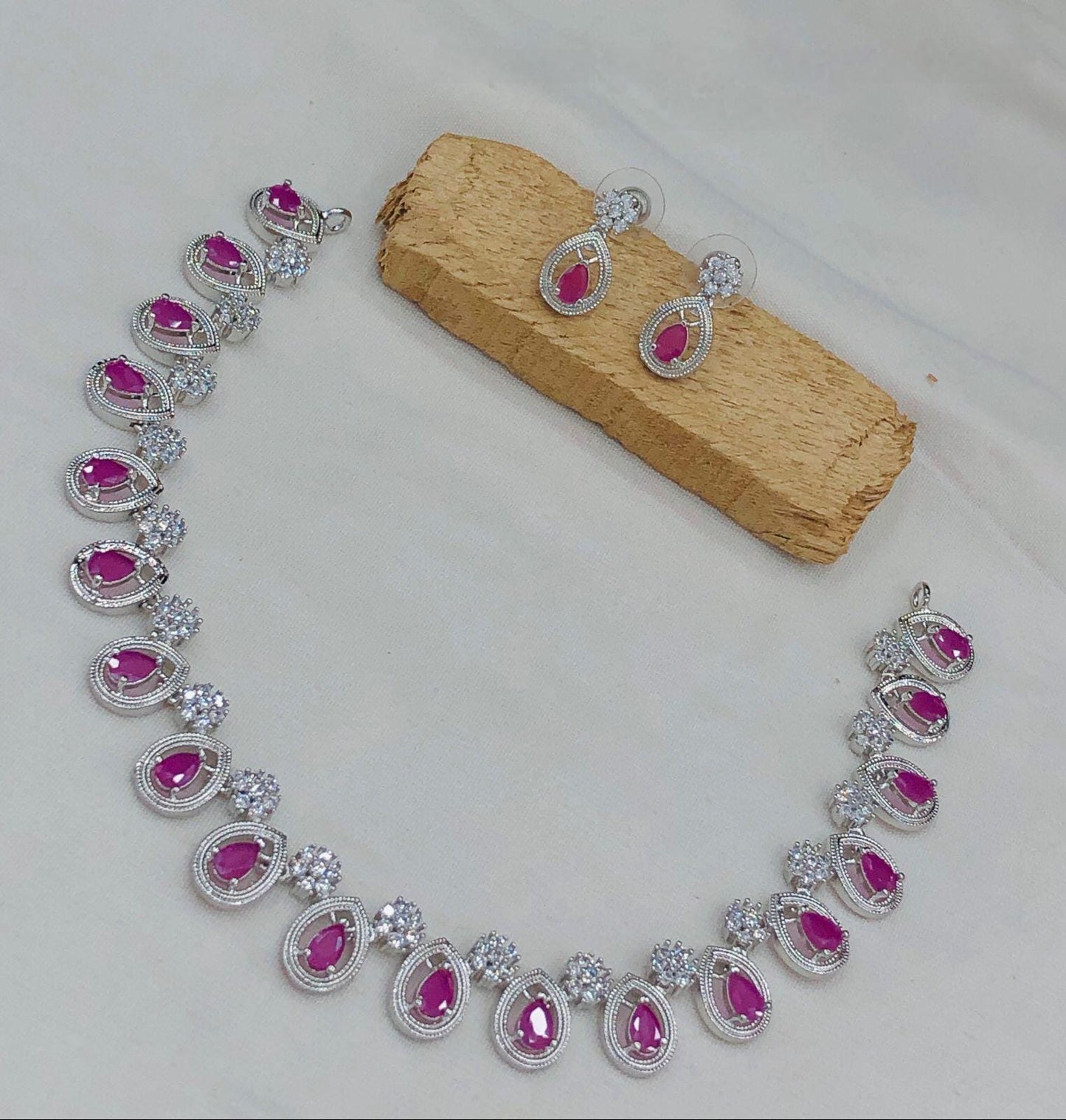 Teardrop AD Necklace Set| Silver Polish American Diamond Jewelry| CZ Stone Pendant Set & Earrings| Indian Party Wear Necklace| Gift for her