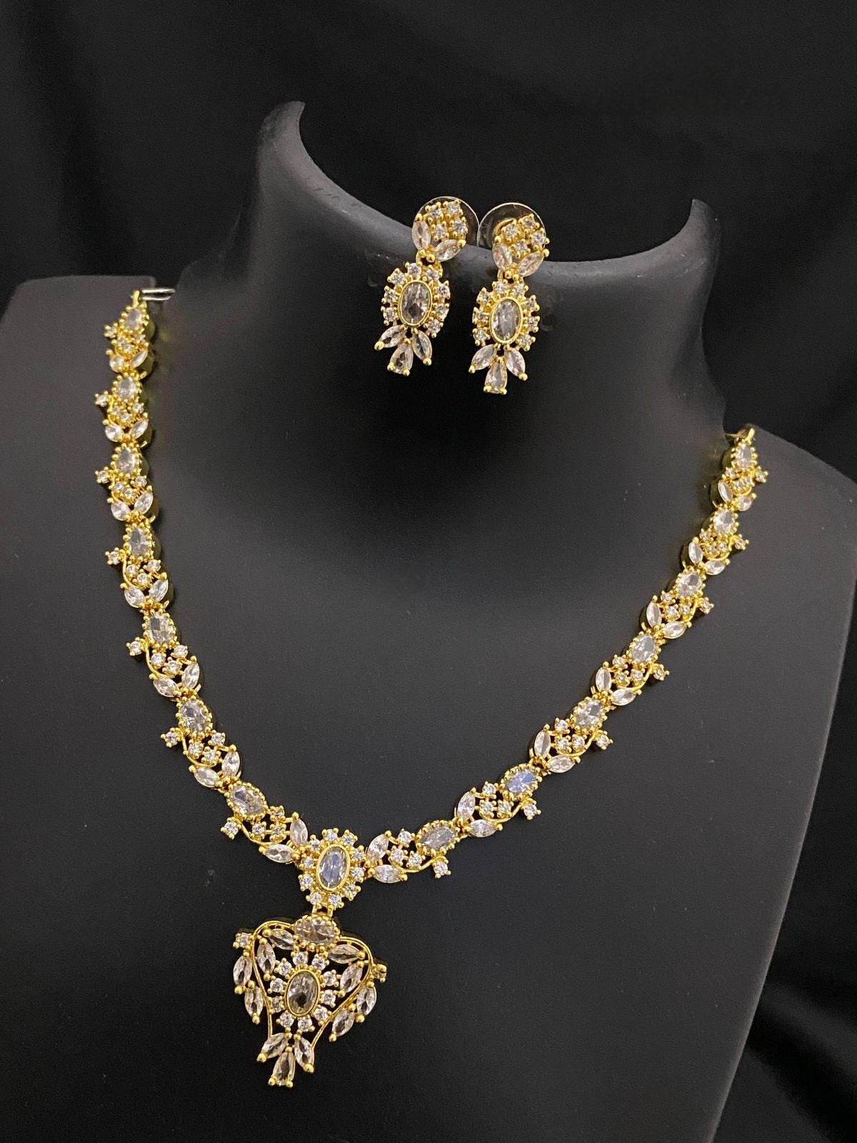 American Diamond necklace Earrings |Gold Plated emerald necklace Floral pattern |Beautiful Ruby necklace Floral design |Clear stone necklace