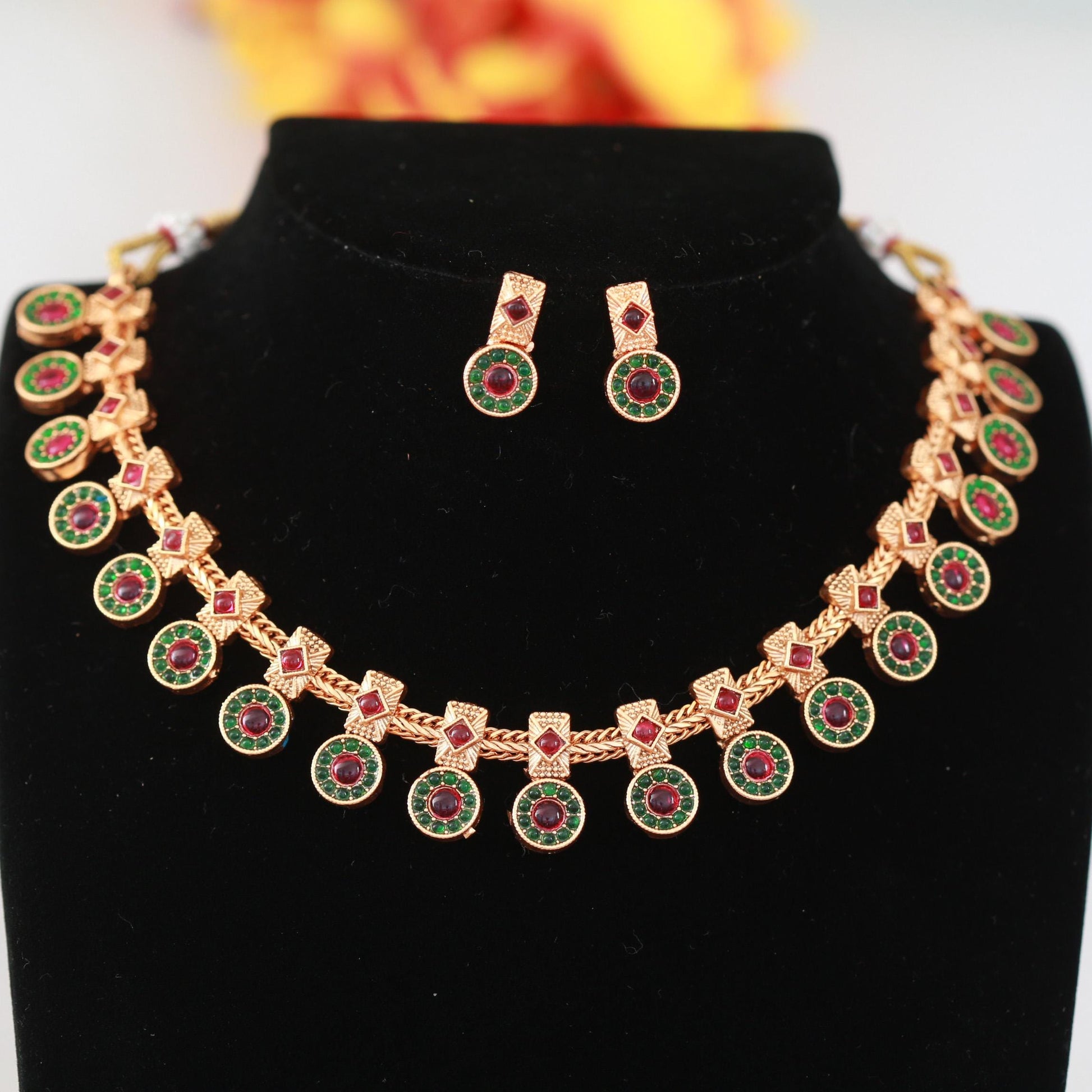 Matte Finish Traditional Necklace Set| Ruby Emerald Stone Jewelry| South Indian Jewelry | Antique Temple Style Bridal Jewelry| Gift for her