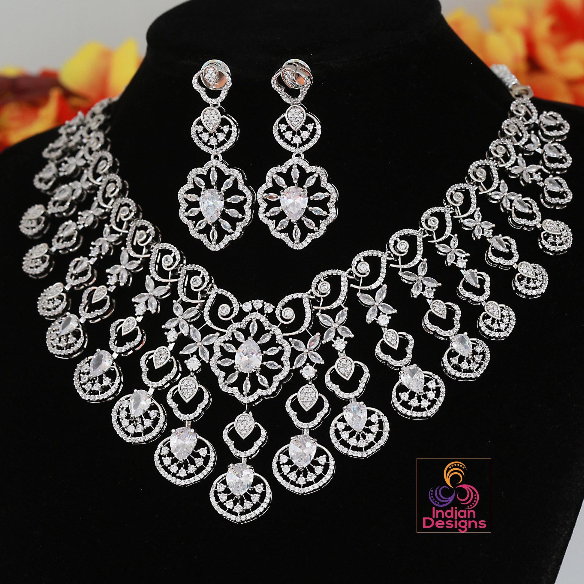 Bridal CZ Choker Necklace Set| American Diamond Necklace with
