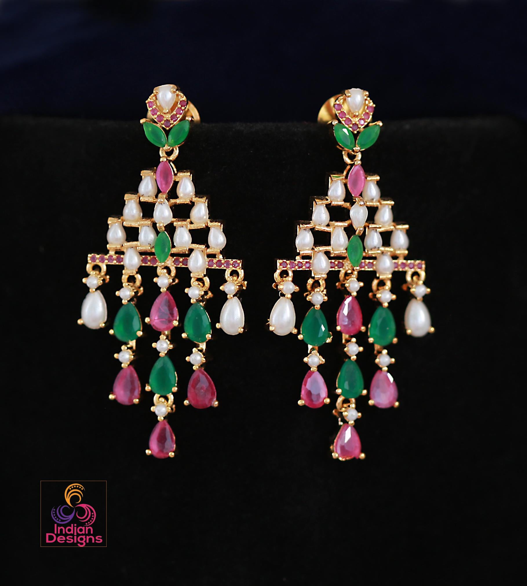 Pearl & Multi-color AD stone Party Wear Chandelier Earrings| Statement earrings set| Wedding party Earrings| Green, Pink and Pearl earrings