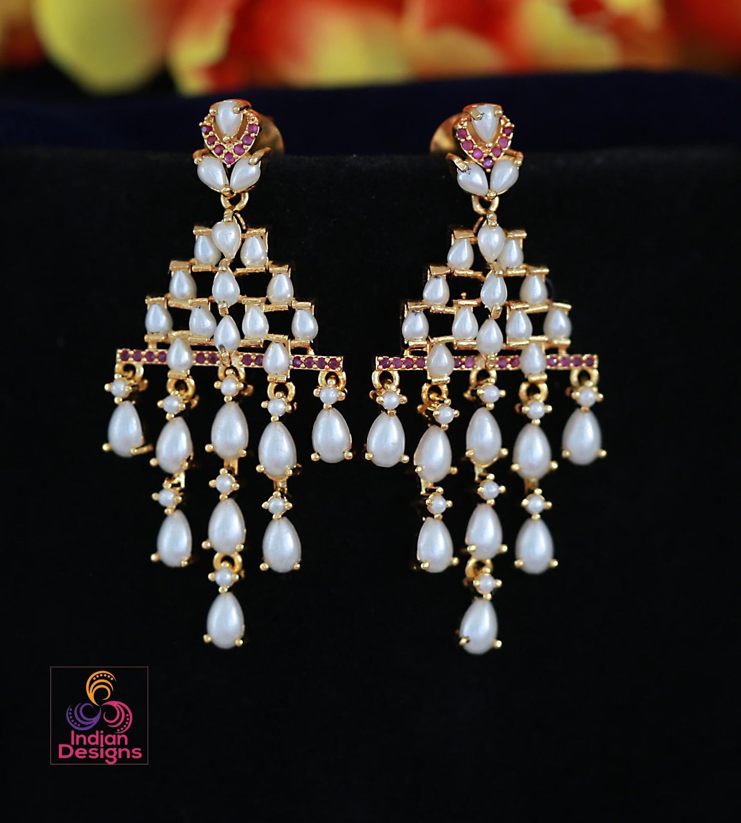 Pearl & Multi-color AD stone Party Wear Chandelier Earrings| Statement earrings set| Wedding party Earrings| Green, Pink and Pearl earrings