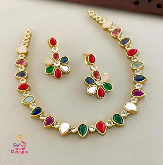 Navaratna Style Multicolor Necklace Earrings Set| Gold Plated Ethnic Jewelry| Indian jewelry| Light-weight Party wear jewelry| Gift for her