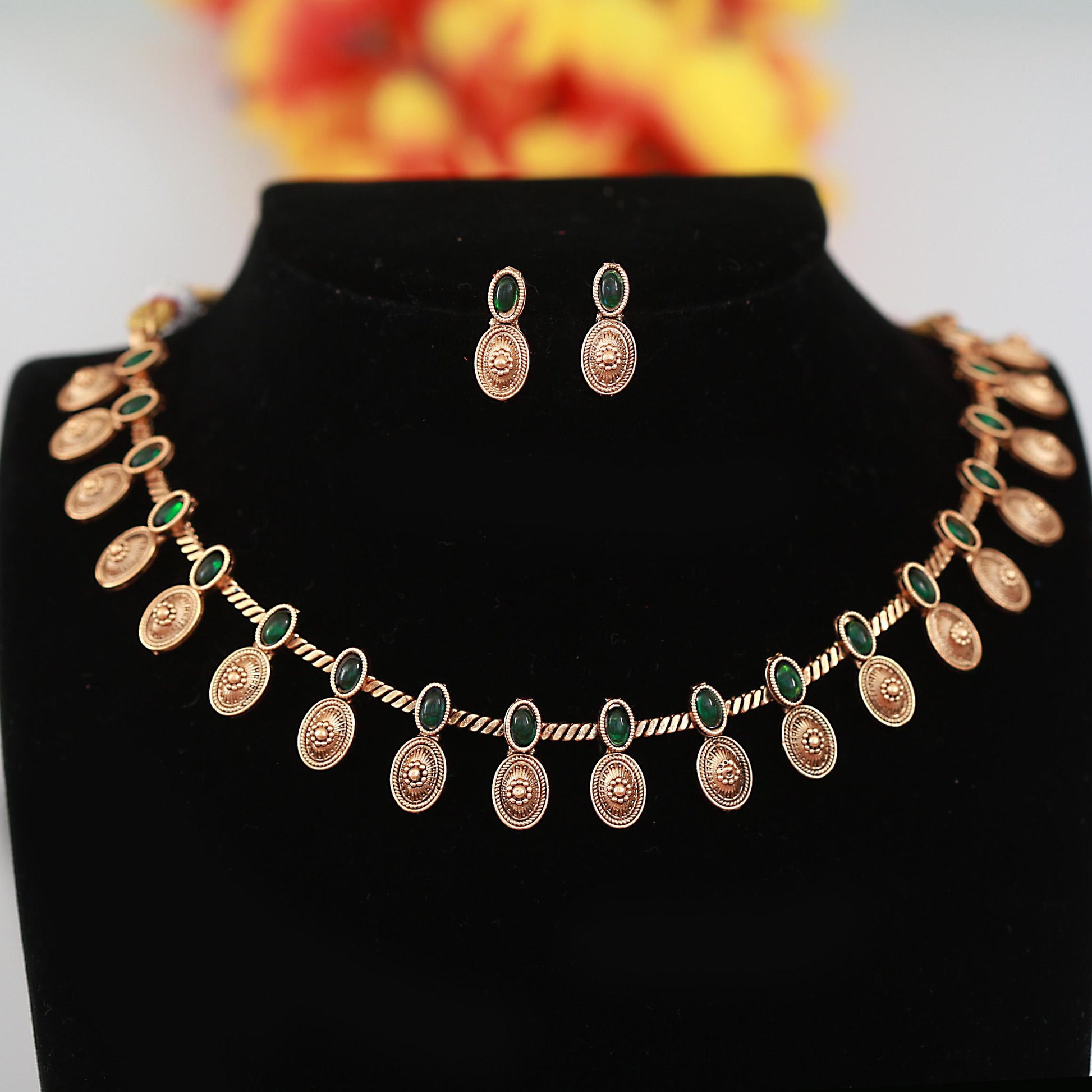 Antique Lakshmi Coin Necklace Set with Earrings| Traditional Red Green Matte Finish Jewelry|South Indian Temple Jewelry Design| Gift for her