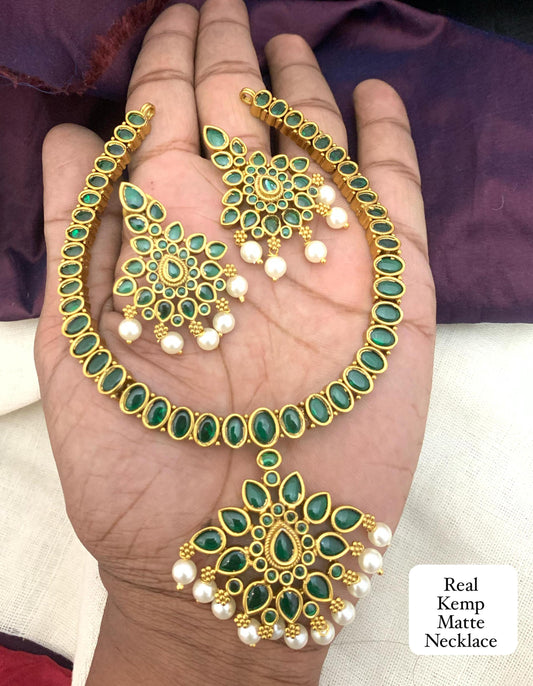 Real Kemp Matte Necklace Set| Temple Jewelry with Pearls| Green & Ruby Stone Choker | Traditional South Indian Bridal Jewelry| Gift for her