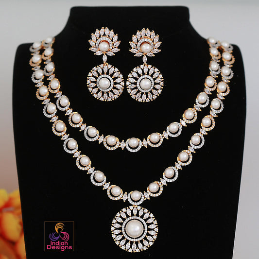 Double Layer Pearl Necklace Set| Bridal CZ Stone Jewelry| Kundan Pearl Necklace Earrings| Indian Wedding Jewelry Set| Gift for Her
