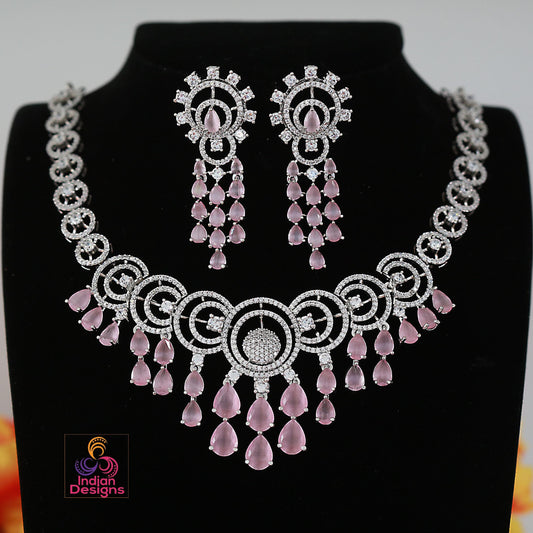 Circles & Teardrop Stone Necklace Set | Bridal Jewelry Set with Earrings | CZ Diamond Necklace | Available in Multiple Colors | Gift for Her
