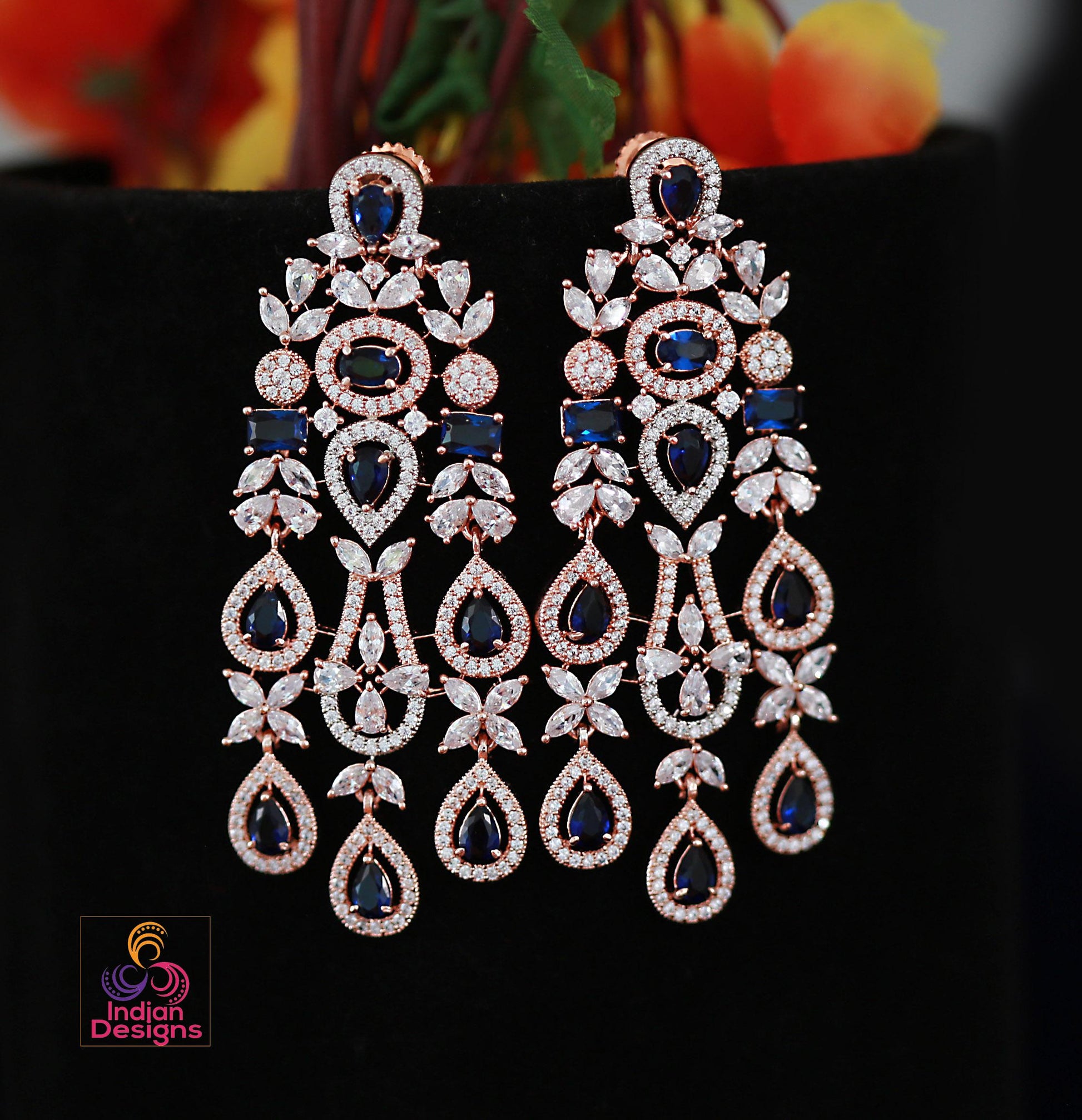 Rose Gold & Sapphire Blue Chandelier Earrings| Long Drop American Diamond Earrings|Indian Wedding Party Wear Statement Earrings|Gift for her