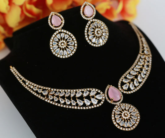 Elegant CZ Necklace Set -Pink, Mint Green, Purple- Indian Style Choker Jewelry| Party wear Short necklace| Antique victorian finish neck set