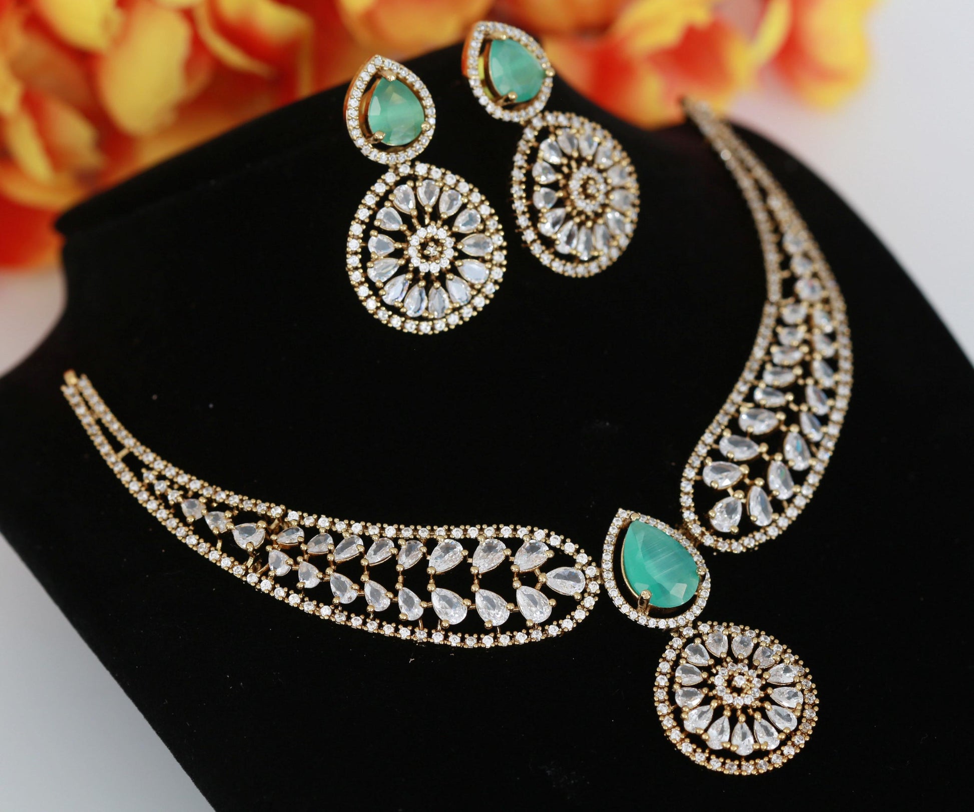 Elegant CZ Necklace Set -Pink, Mint Green, Purple- Indian Style Choker Jewelry| Party wear Short necklace| Antique victorian finish neck set