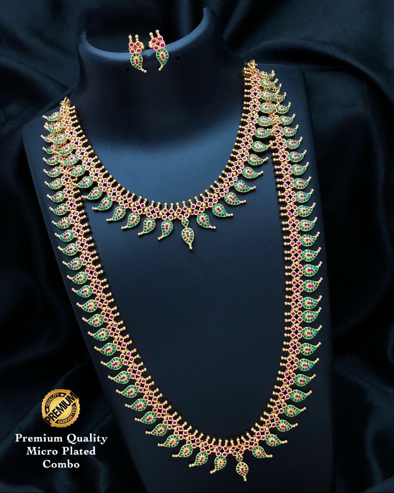 Bridal CZ Combo Necklace Set| South Indian Double Necklace with Earrings| American Diamond Gold Plated Temple Jewelry Set| Gift for Her