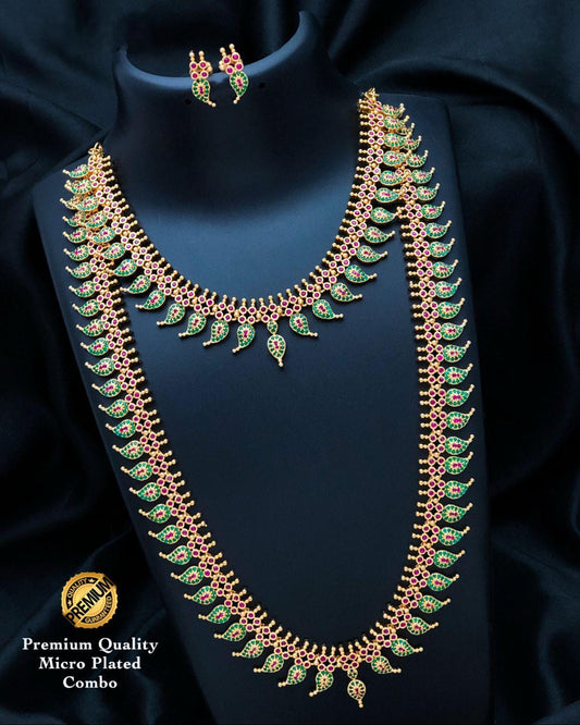 Bridal CZ Combo Necklace Set| South Indian Double Necklace with Earrings| American Diamond Gold Plated Temple Jewelry Set| Gift for Her