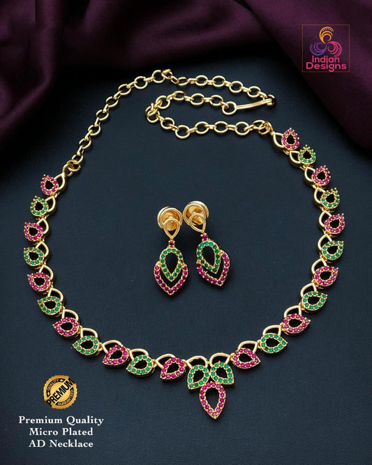 Elegant Gold Plated AD Necklace Set |CZ American Diamond choker Necklace |Indian Wedding Jewelry|Party Wear Necklace & Earrings|Gift for her