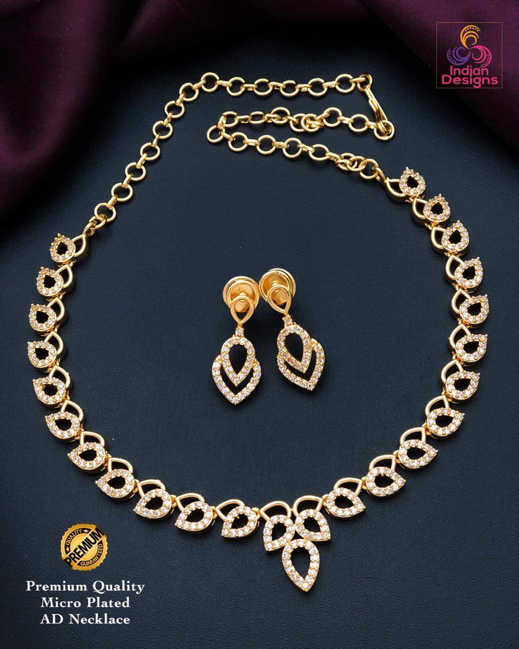 Elegant Gold Plated AD Necklace Set |CZ American Diamond choker Necklace |Indian Wedding Jewelry|Party Wear Necklace & Earrings|Gift for her