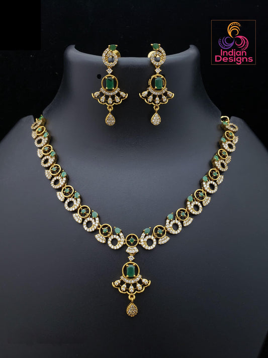 Antique Gold CZ American Diamond Necklace Set| AD Stone Bridal Jewelry| Green & White Choker Necklace with Earrings| Indian Wedding Jewelry