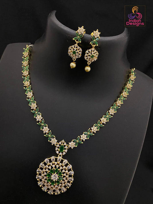 American Diamond Gold necklace |Gold Plated emerald necklace Floral pattern| Beautiful Ad stone necklace| south indian jewelry| Gift for her