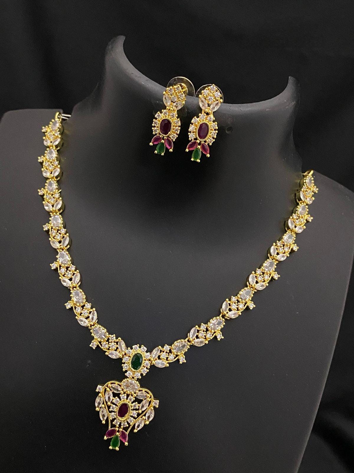 American Diamond necklace Earrings |Gold Plated emerald necklace Floral pattern |Beautiful Ruby necklace Floral design |Clear stone necklace