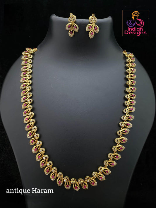 Antique Gold Plated Ruby Stone Necklace Earrings Set| Antique Haram Style Jewelry| Indian Bridal Jewelry| Party wear necklace| Wedding Gift