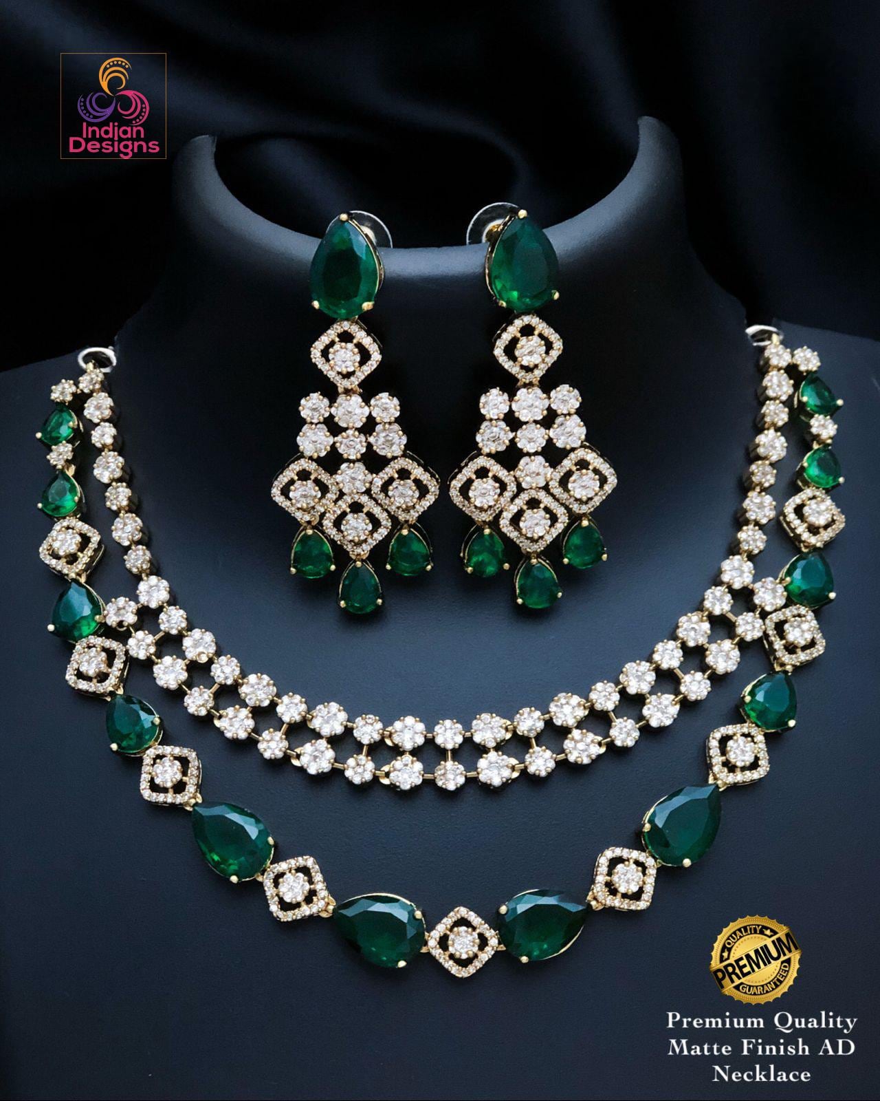 Matte Gold AD stone Necklace Set| Dual Layer CZ Stone Choker| Indian Wedding Party Jewelry| Statement Necklace| Green Ruby Pink Purple Aqua