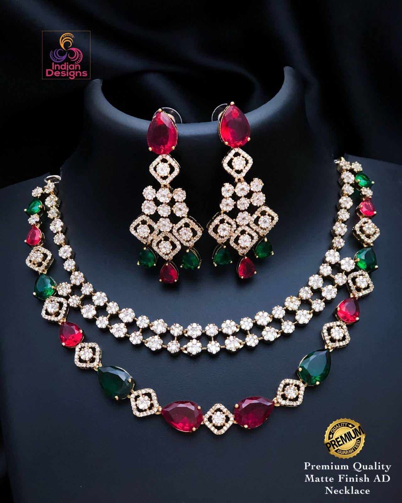 Matte Gold AD stone Necklace Set| Dual Layer CZ Stone Choker| Indian Wedding Party Jewelry| Statement Necklace| Green Ruby Pink Purple Aqua