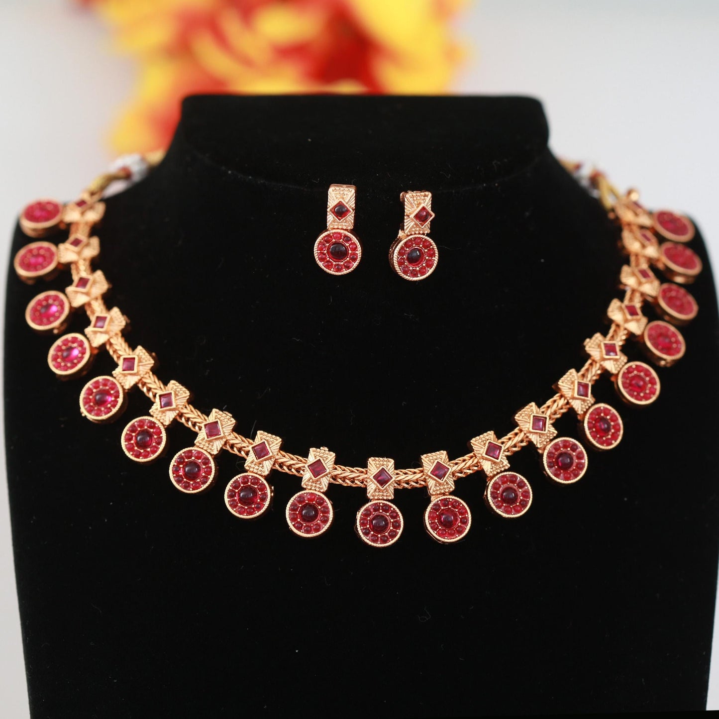 Matte Finish Traditional Necklace Set| Ruby Emerald Stone Jewelry| South Indian Jewelry | Antique Temple Style Bridal Jewelry| Gift for her