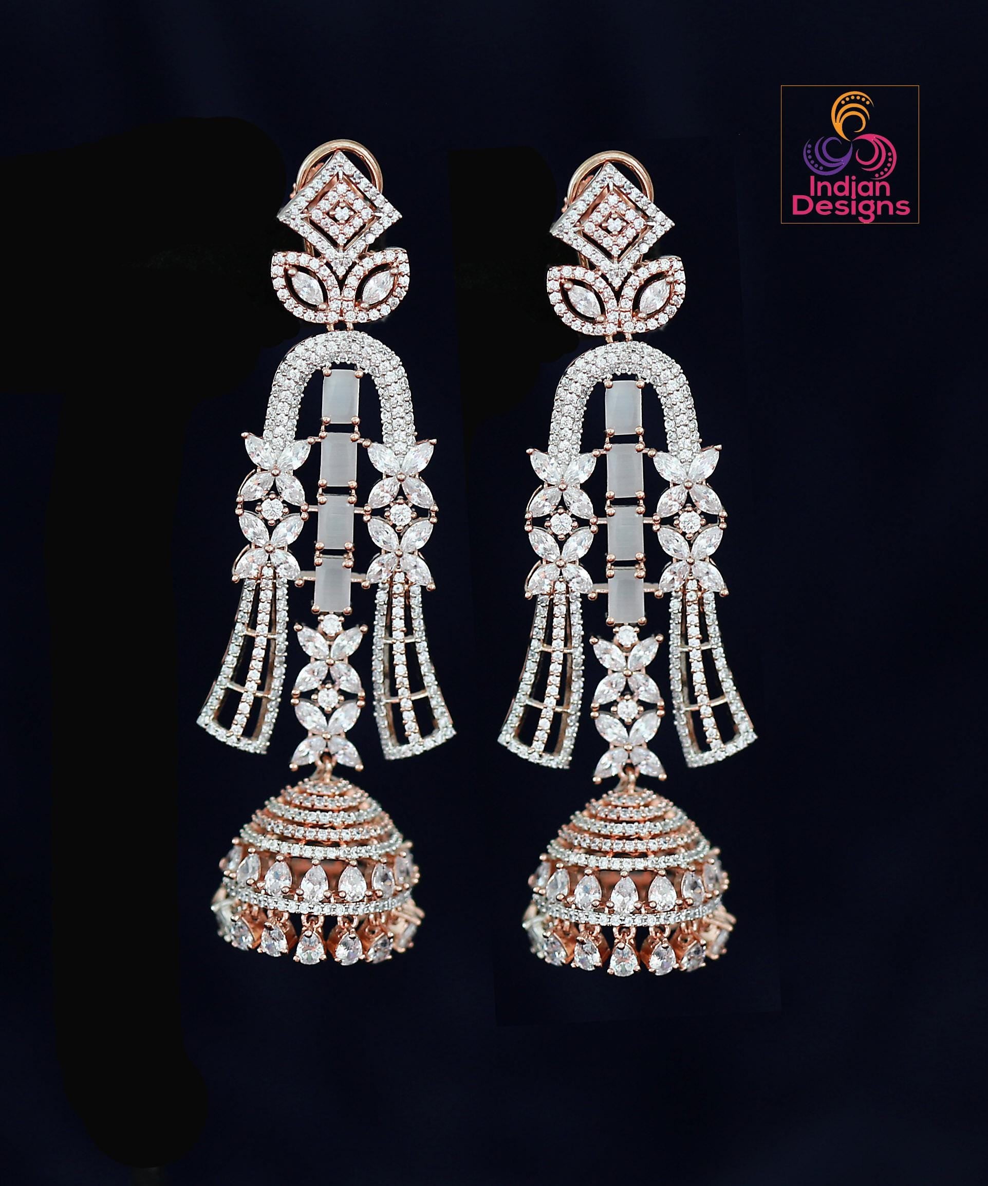 Rose Gold American Diamond Jhumka Earrings | AD Chandelier Long Jhumka earrings | Indian/Punjabi Jhumka | Pakistani Earrings| Gift for her