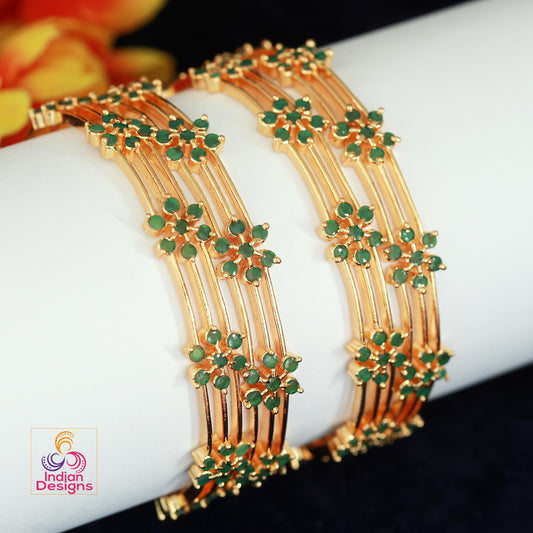 Emerald Green Gold Plated Bangles | Set of 4 Indian Floral Stone Kada| Daily Wear Ethnic Jewelry| Women's Traditional Bracelet| Gift for her