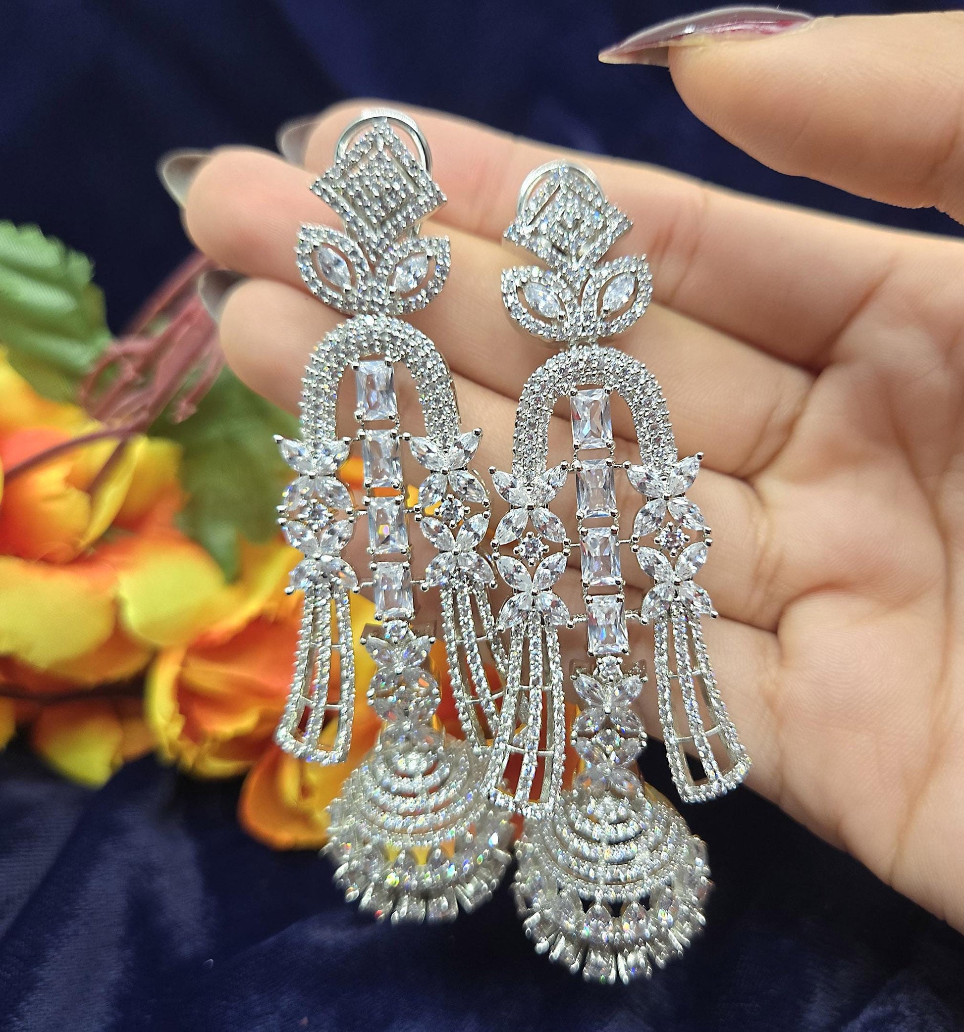 Rose Gold American Diamond Jhumka Earrings | AD Chandelier Long Jhumka earrings | Indian/Punjabi Jhumka | Pakistani Earrings| Gift for her