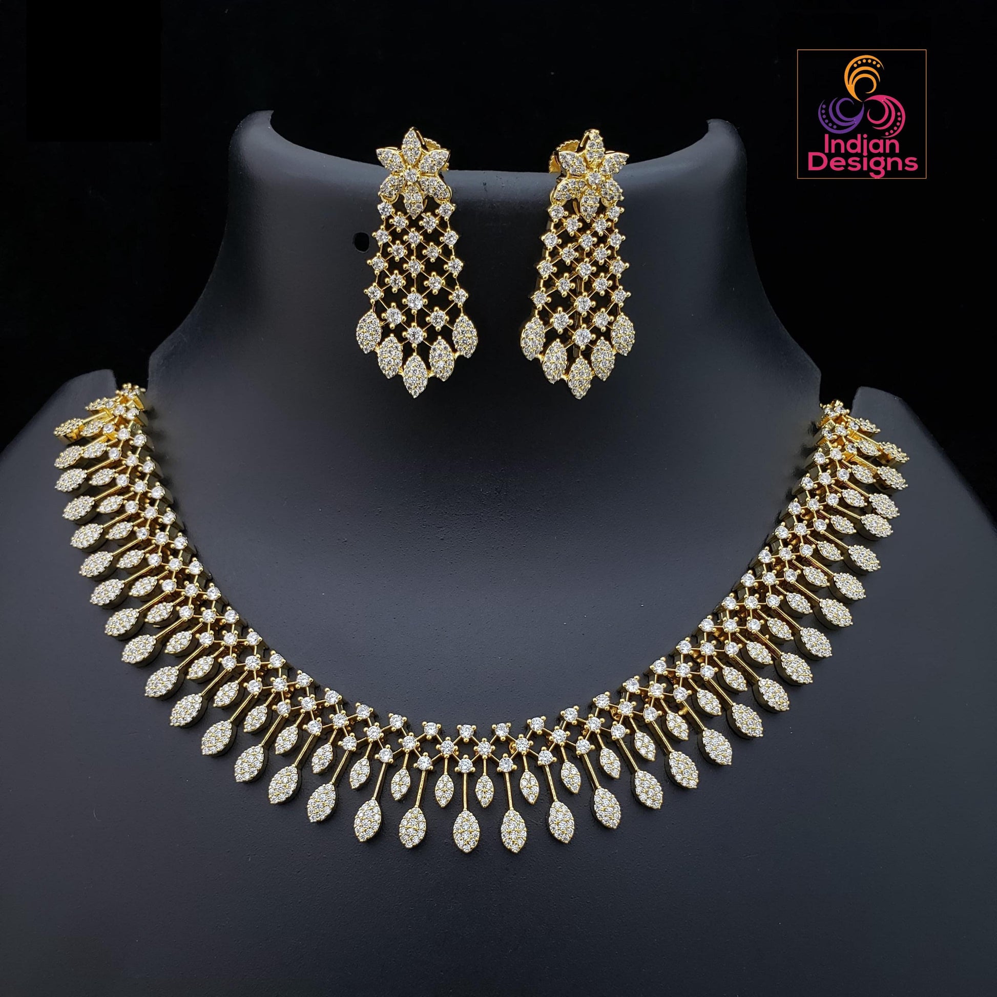 American Diamond Gold Finish Necklace Set| Statement necklace earrings| waterfall necklace| Elegant Party Wear AD Necklace Set| Gift for her