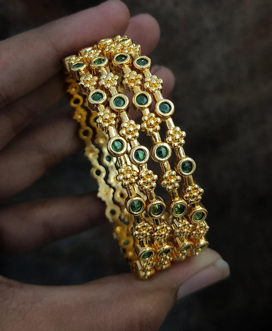Gold plated Bangles with Green stones Set of 4| South Indian style Floral design bangles| Daily-wear Statement bangles| Stylish Gift for her