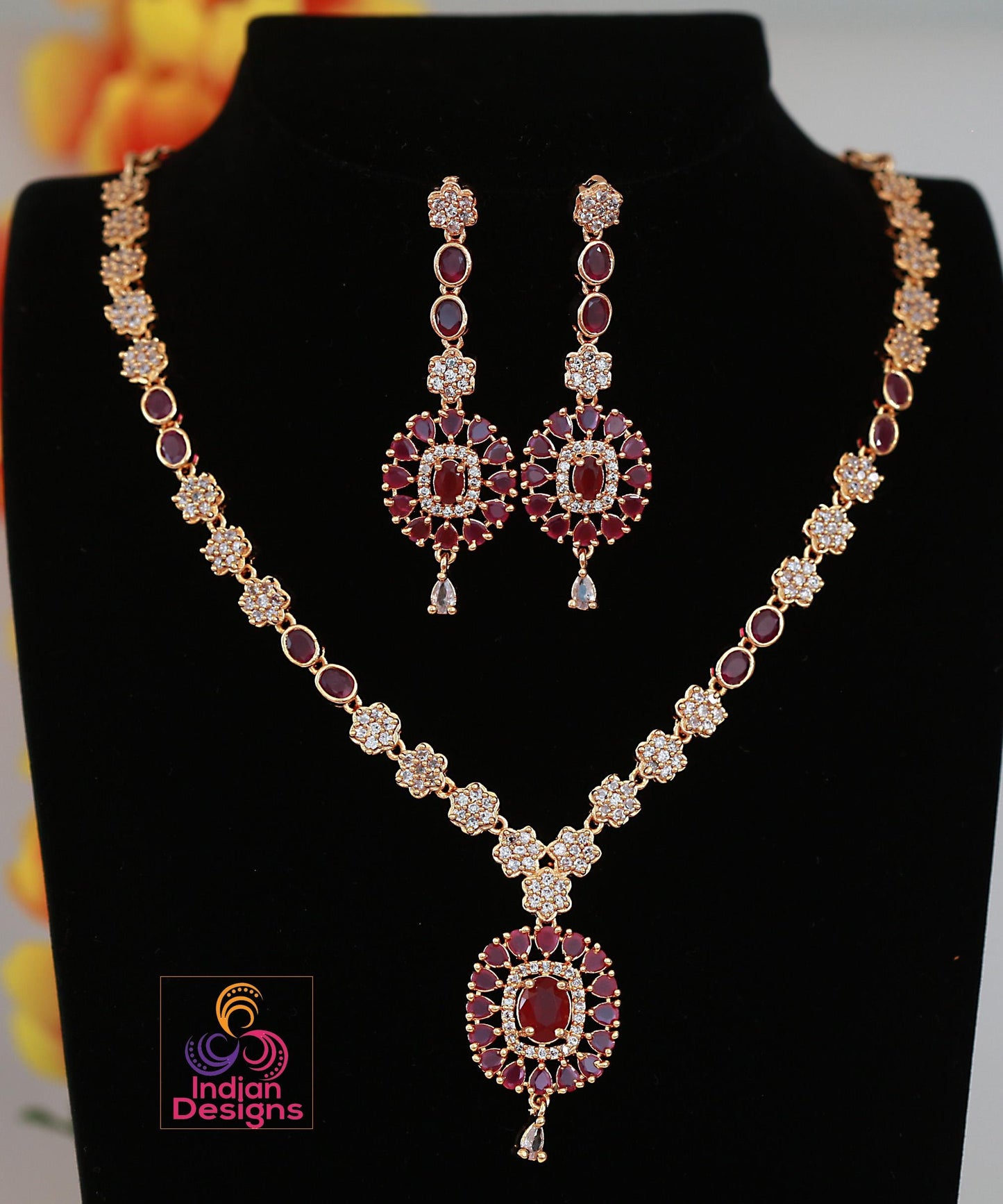 CZ Stone Ruby Necklace Set with Earrings| Gold Plated American Diamond Wedding Jewelry| Indian Wedding Jewelry| Festive Necklace Gift Set