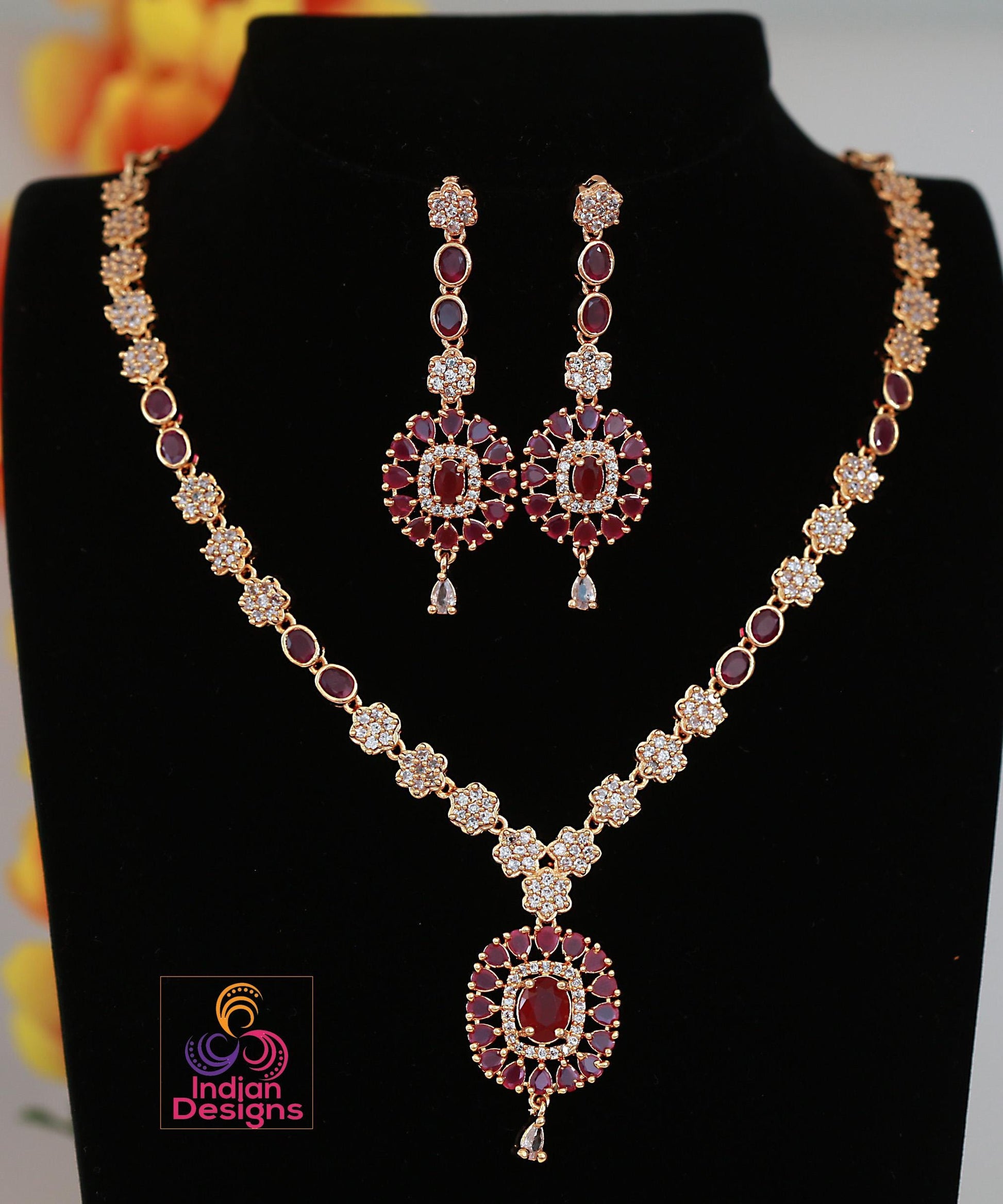 CZ Stone Ruby Necklace Set with Earrings| Gold Plated American Diamond Wedding Jewelry| Indian Wedding Jewelry| Festive Necklace Gift Set