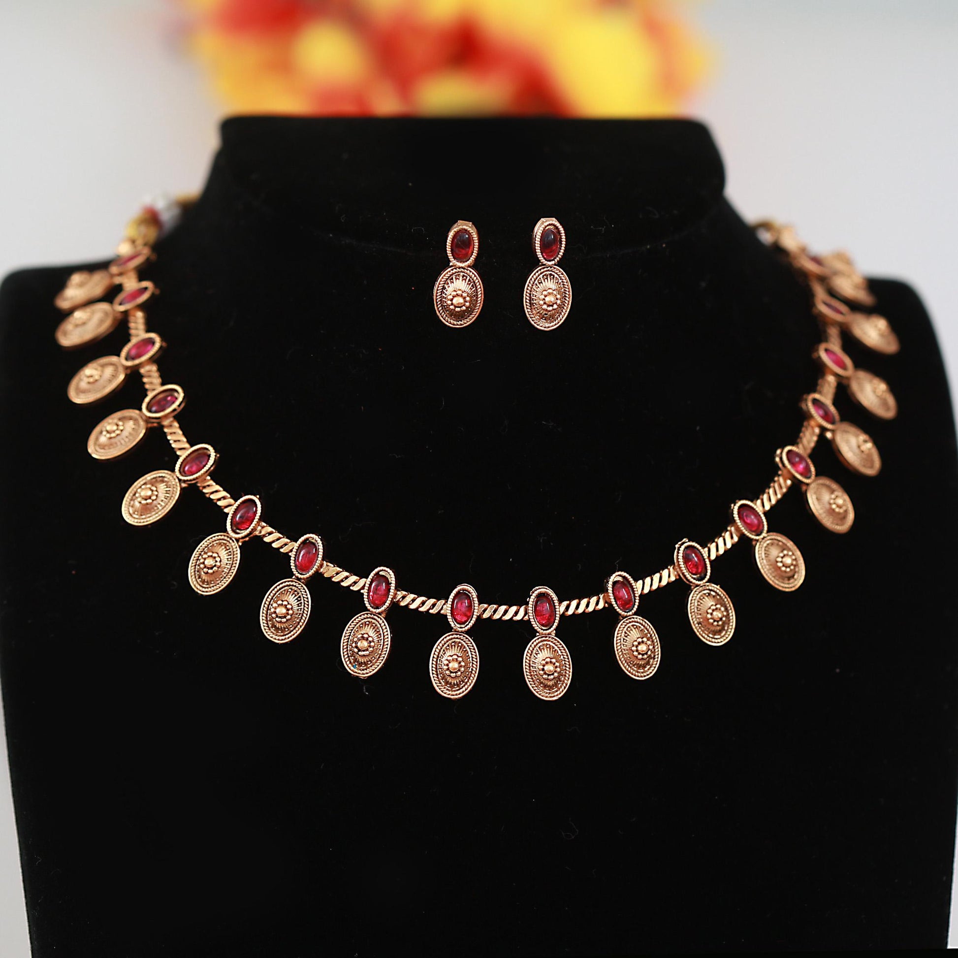 Antique Lakshmi Coin Necklace Set with Earrings| Traditional Red Green Matte Finish Jewelry|South Indian Temple Jewelry Design| Gift for her