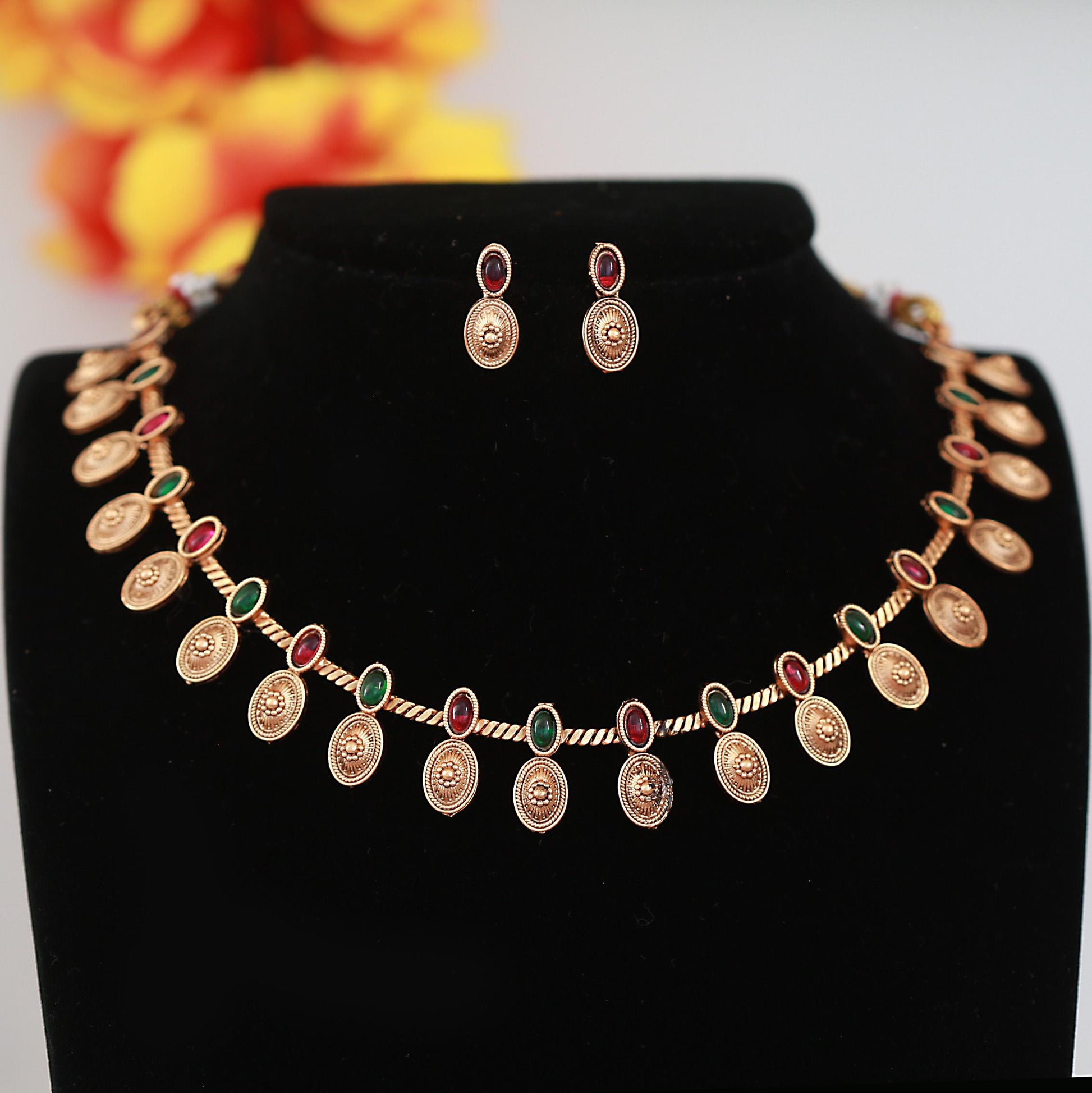 Antique Lakshmi Coin Necklace Set with Earrings| Traditional Red Green Matte Finish Jewelry|South Indian Temple Jewelry Design| Gift for her