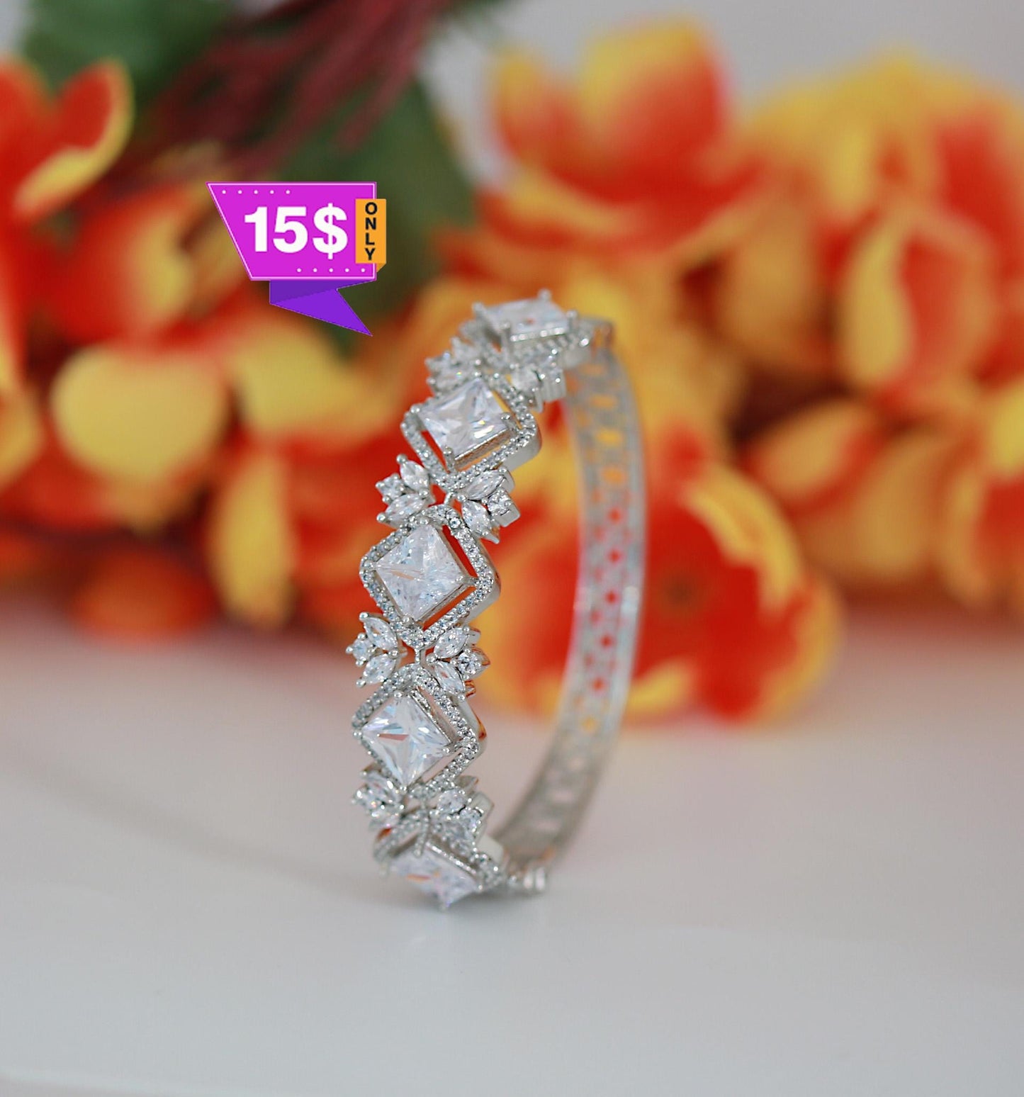 American Diamond Bangle Bracelet with CZ Stones| Rose gold floral bangle| daily wear bracelet| Party Wear Bangles| AD Bracelet| Gift for her