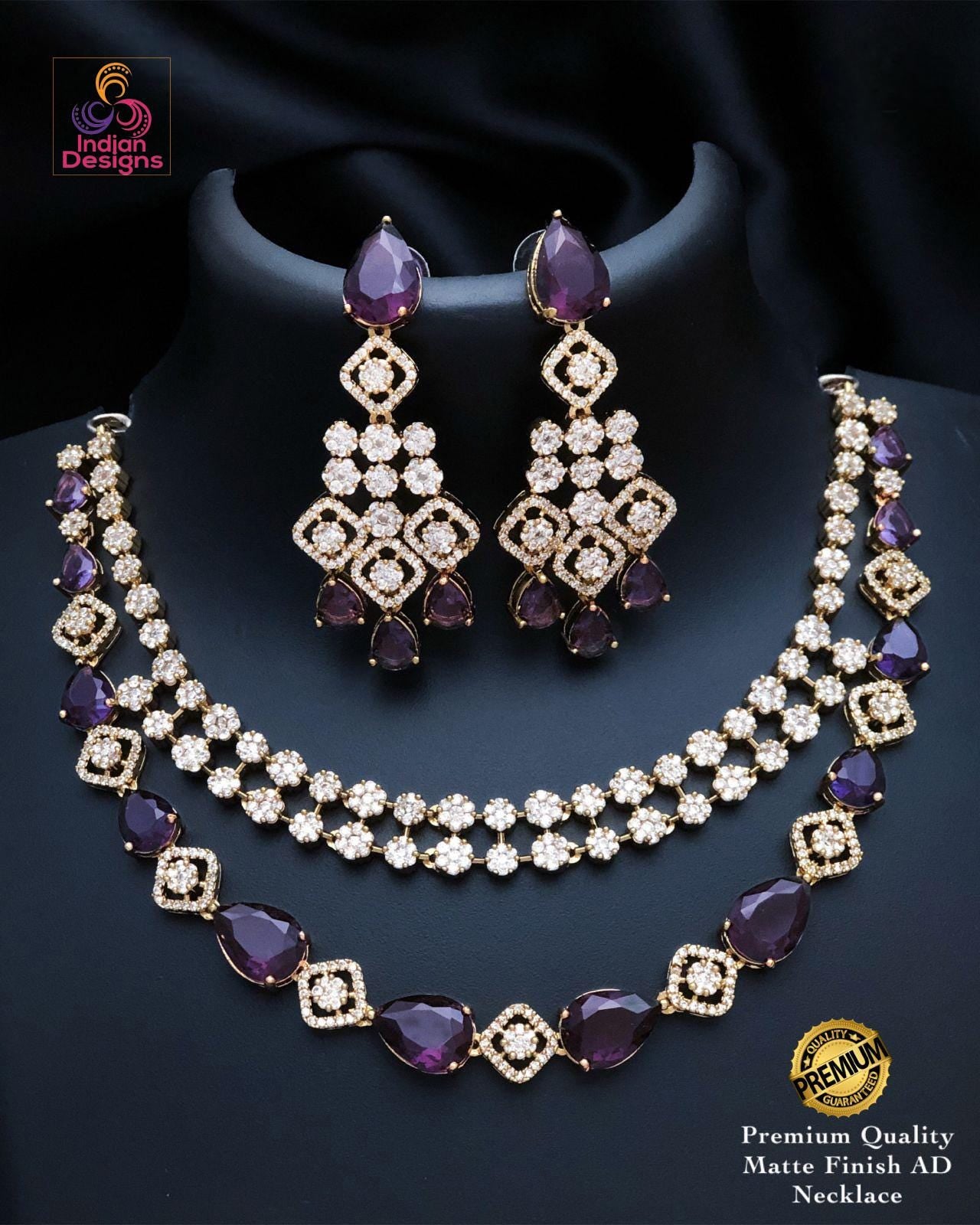 Matte Gold AD stone Necklace Set| Dual Layer CZ Stone Choker| Indian Wedding Party Jewelry| Statement Necklace| Green Ruby Pink Purple Aqua