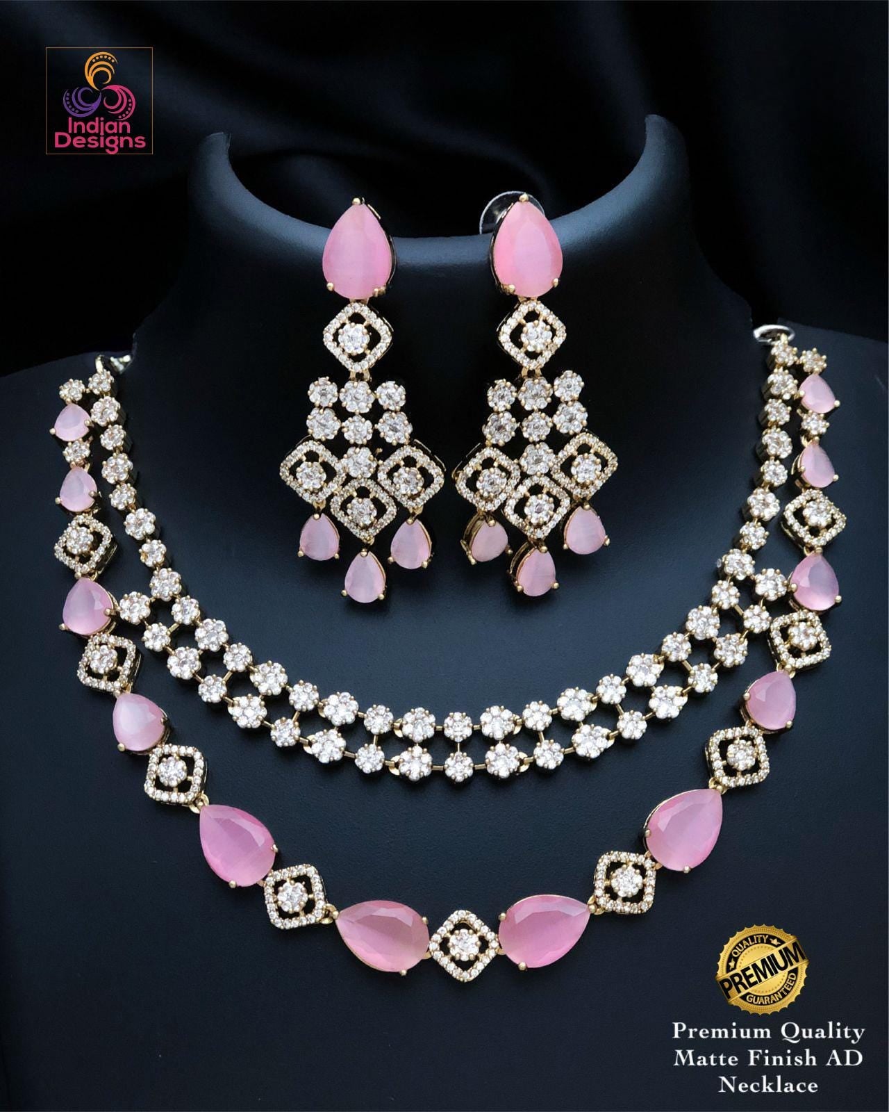 Matte Gold AD stone Necklace Set| Dual Layer CZ Stone Choker| Indian Wedding Party Jewelry| Statement Necklace| Green Ruby Pink Purple Aqua