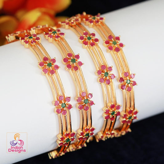 Gold Plated Ruby Green Bangles | Set of 4 Indian Floral Stone Kada | Daily Wear Ethnic Jewelry | Women's Traditional Bracelet| Gift for her